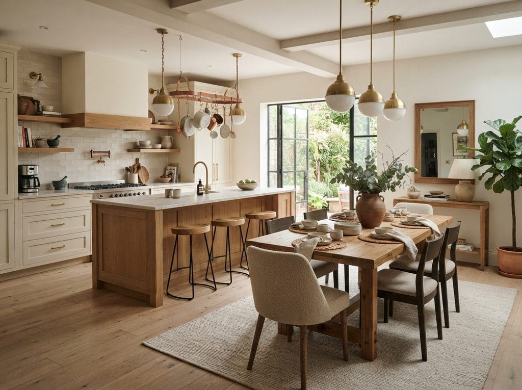 Cohesive open plan kitchen and dining room with coordinated finishes
