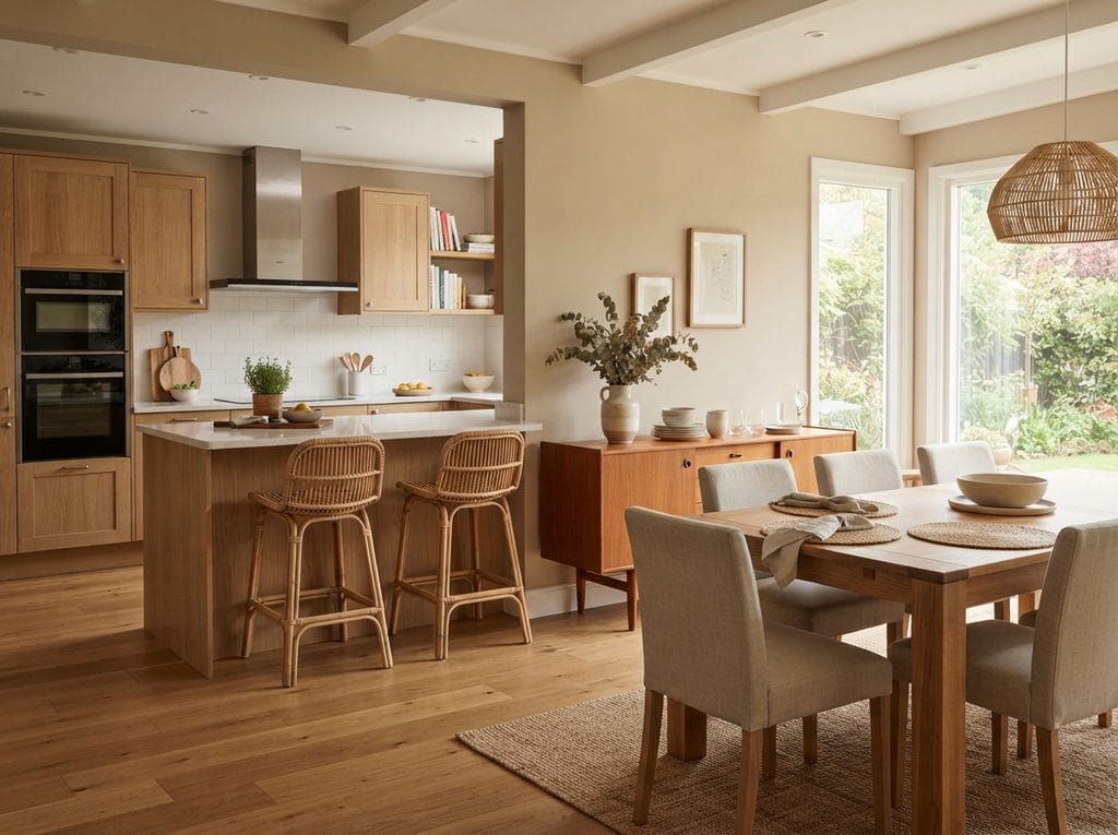 Open kitchen and dining area with a wooden sideboard for storage