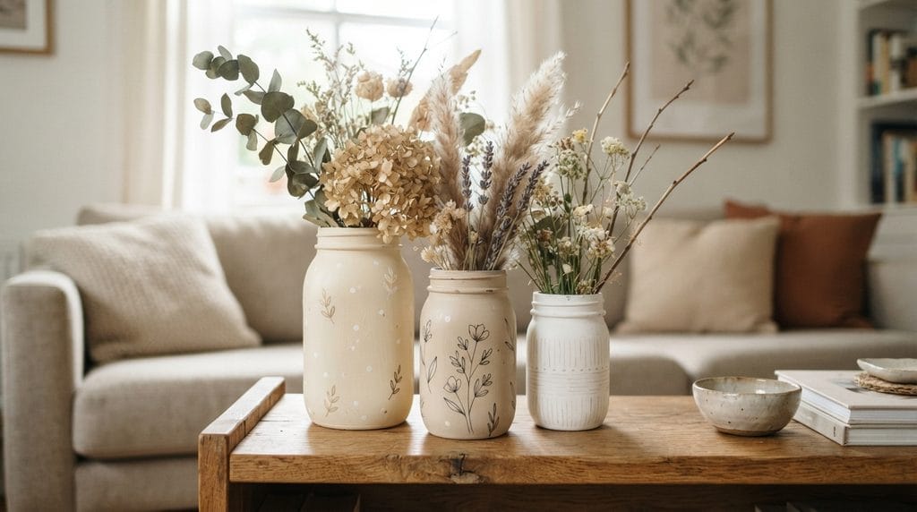 Cheap DIY home decor ideas using painted glass jar vases with dried flowers