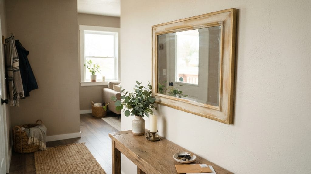 Cheap DIY home decor idea featuring a painted decorative mirror
