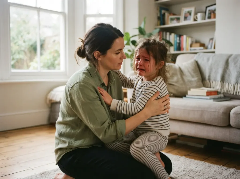 Parent comforting an emotional child during a difficult moment