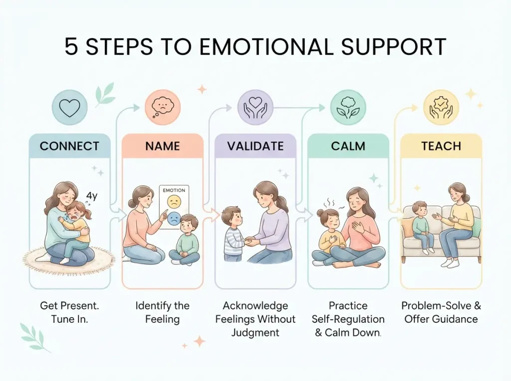 Parenting infographic showing ways to support an emotional child
