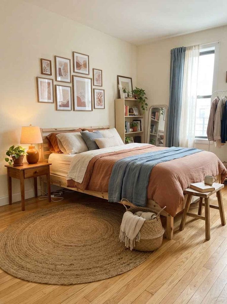 Budget-friendly rental bedroom makeover using affordable furniture, secondhand decor, and layered textiles