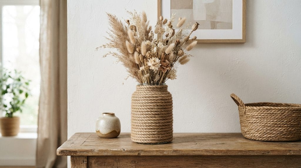 DIY home decor idea featuring a rope-wrapped glass vase