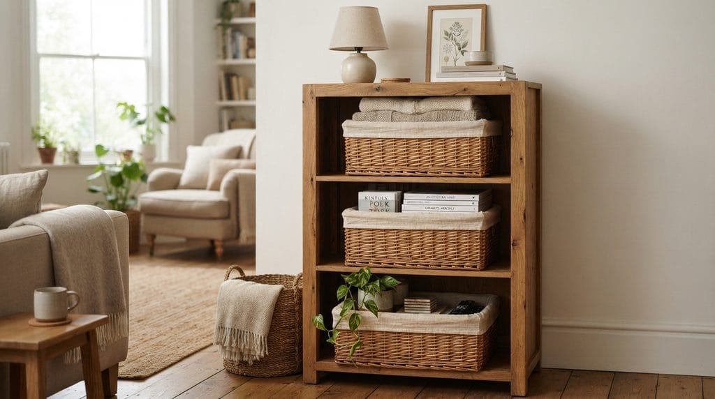 Affordable DIY storage decor idea using fabric-covered baskets