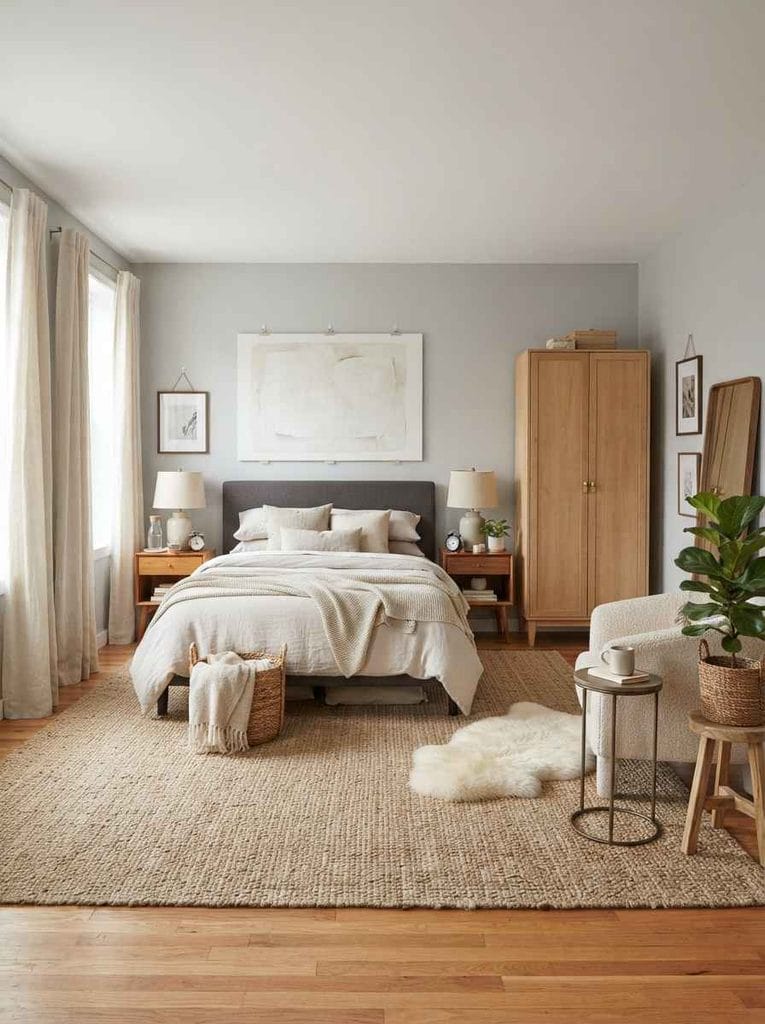 Spacious rental master bedroom styled with movable furniture, layered bedding, curtains, and a large rug