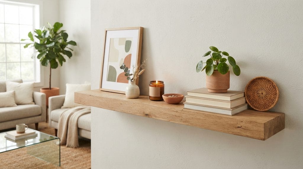 Cheap DIY home decor idea for a stylish high-end-looking shelf arrangement