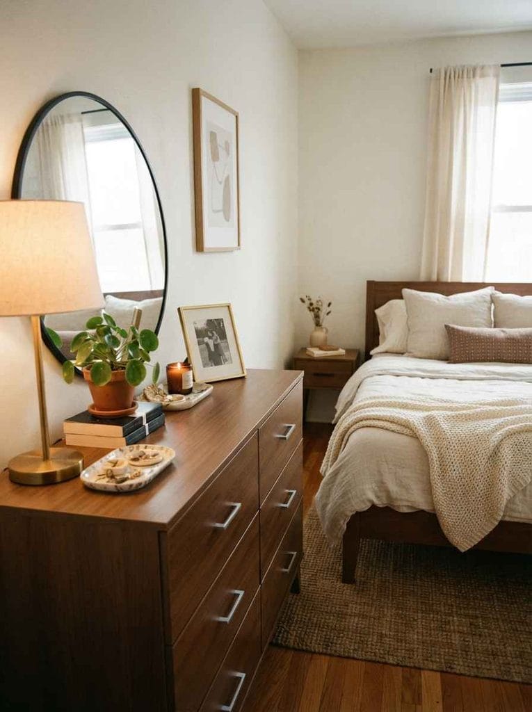 Rental bedroom showing how basic landlord furniture can be improved with thoughtful styling