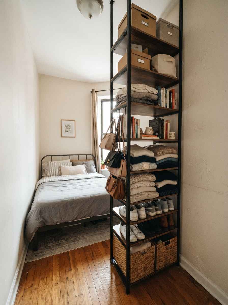 Tall shelving in a small bedroom creating vertical storage without taking extra floor space