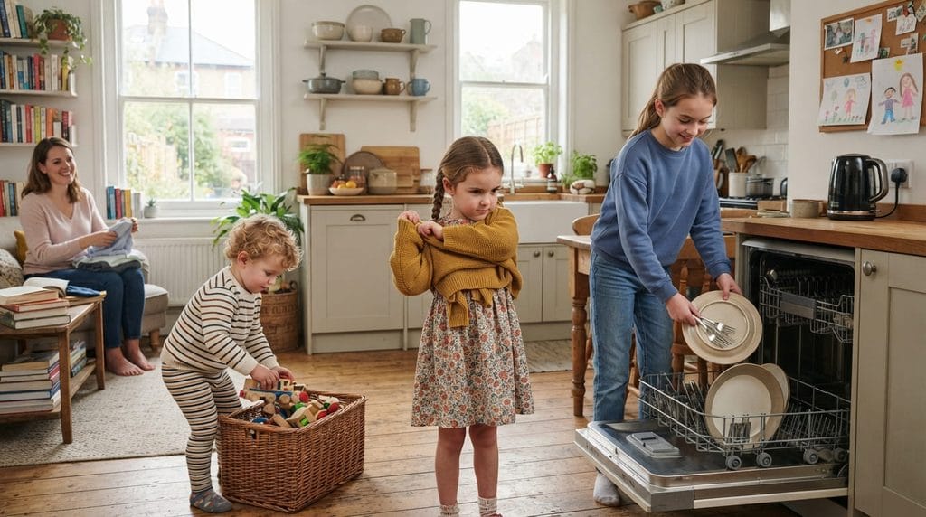 Children of different ages practising age-appropriate independence skills at home