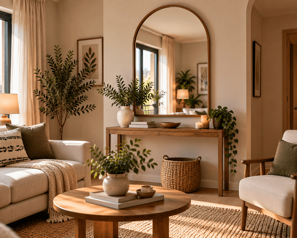 Elegant arched wall mirror above a wooden console table in a cozy small living room with neutral decor.