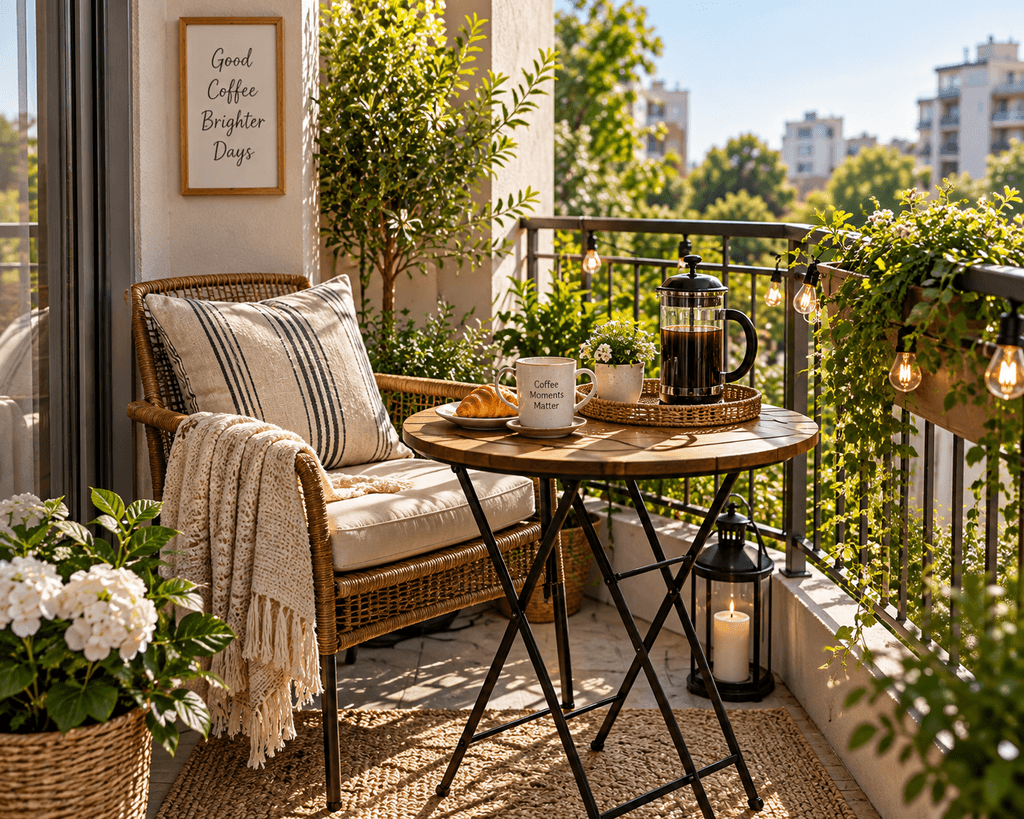 Cozy small balcony coffee corner with a bistro table, chair, mug, and warm lights