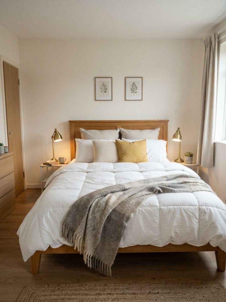 Renter-friendly bedroom with a beautifully layered bed as the main focal point