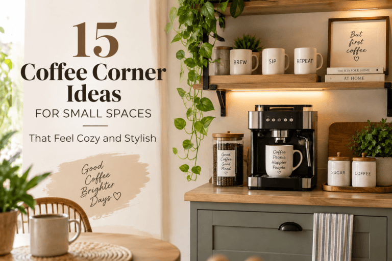 Cozy coffee corner in a small space with an espresso machine, mugs, coffee supplies, floating shelves, and warm natural decor.