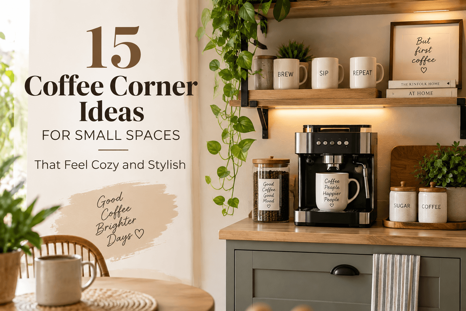Cozy coffee corner in a small space with an espresso machine, mugs, coffee supplies, floating shelves, and warm natural decor.