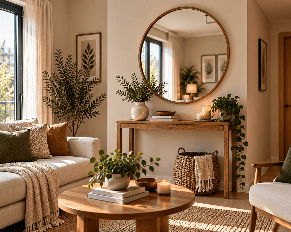 Round mirror above a wooden console table decorated with plants and candles in a cozy modern living room.