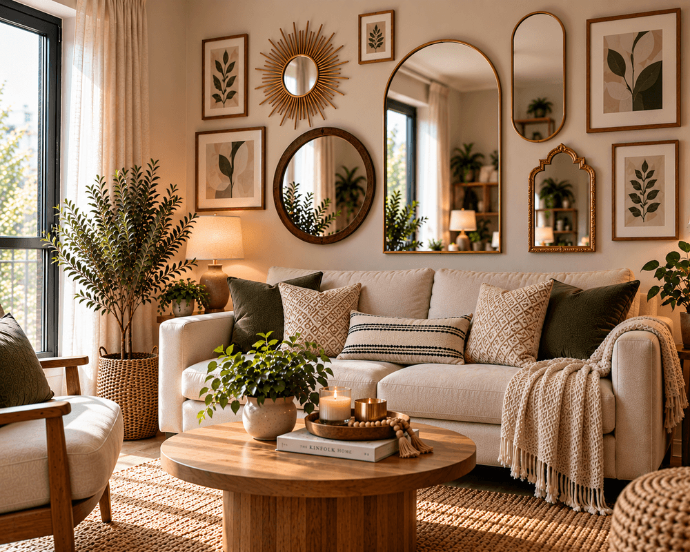Decorative mirror gallery wall with multiple framed mirrors and artwork behind a neutral sofa in a cozy living room.