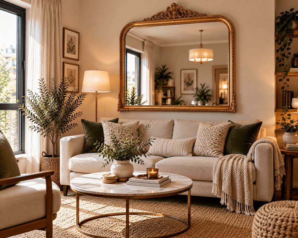 Large gold-framed statement mirror above a cream sofa in an elegant small living room with warm neutral decor.