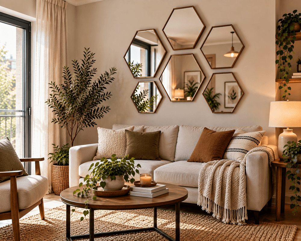 Geometric hexagon mirror arrangement on a living room wall above a neutral sofa in a modern small space.