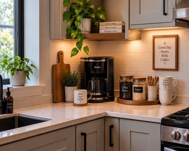 Small kitchen corner turned into a practical coffee station with a coffee maker and shelf