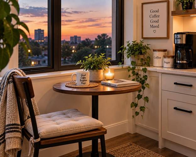 Cozy window-side coffee nook with a small round table, chair, French press, and mug