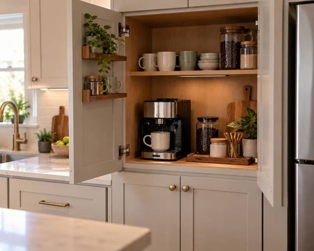 Compact coffee station hidden inside a kitchen cabinet with an espresso maker, mugs, and coffee supplies