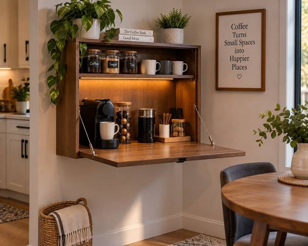 Small coffee corner using a floating wall shelf for mugs, coffee containers, and supplies
