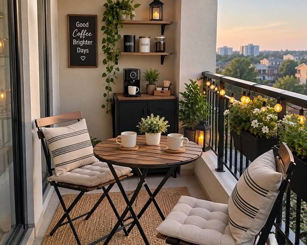 Small balcony coffee corner with two chairs, a round table, two mugs, and simple decor