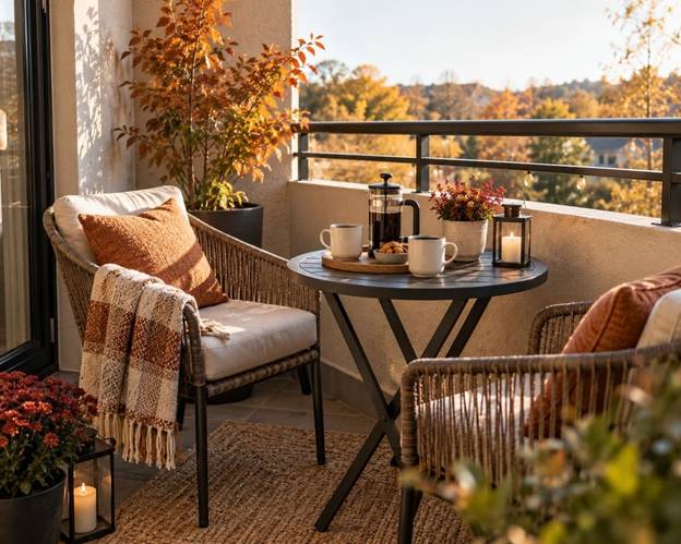 Seasonal outdoor coffee corner on a small balcony with two chairs, a bistro table, and mugs