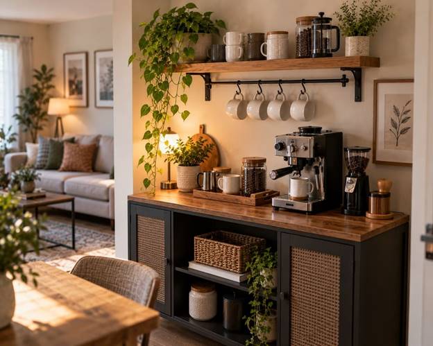 Café-like coffee corner in a small apartment with an espresso machine, coffee supplies, and open shelving