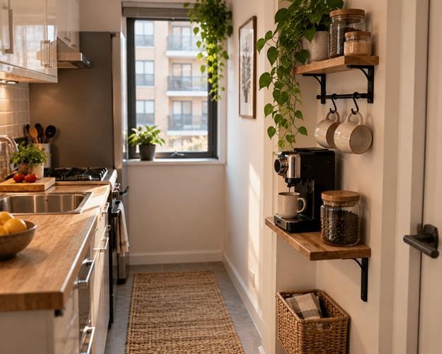 Compact coffee setup using minimal counter space with a coffee maker, mugs, tray, and storage