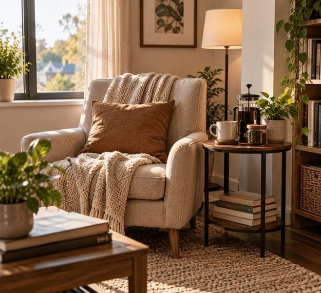 Cozy reading chair beside a small coffee table with a French press, mug, books, and plant