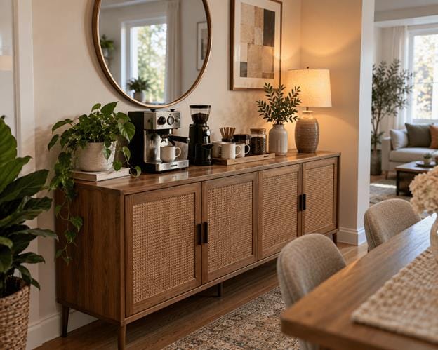 Narrow sideboard coffee station with an espresso machine, grinder, mugs, and concealed storage