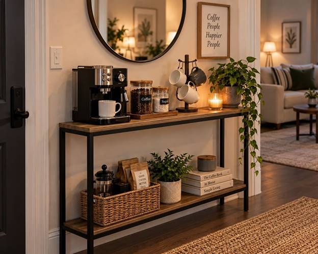 Narrow console coffee station with an espresso maker, mugs, coffee supplies, and storage