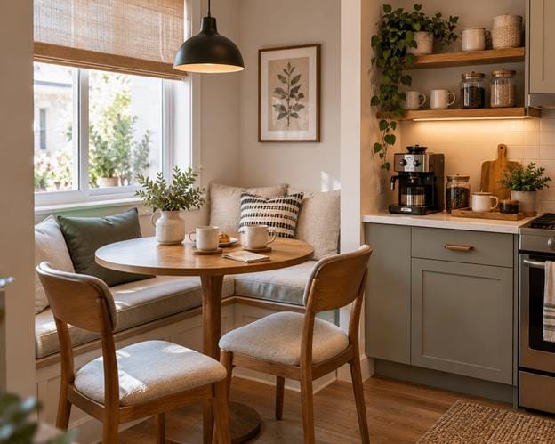Small breakfast nook with a round table, two chairs, coffee mugs, and nearby coffee supplies