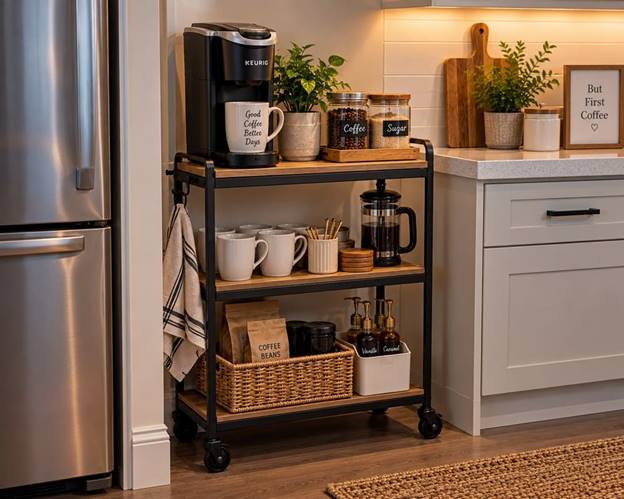 Slim rolling coffee cart tucked into a small kitchen gap with coffee supplies and mugs