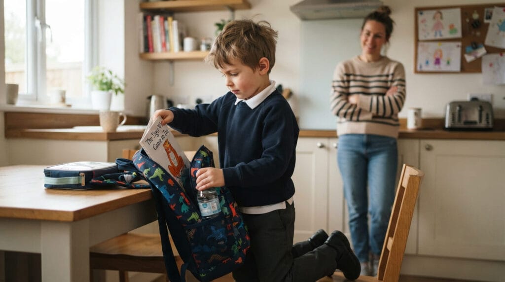 Child independently packing a school bag while a parent offers support