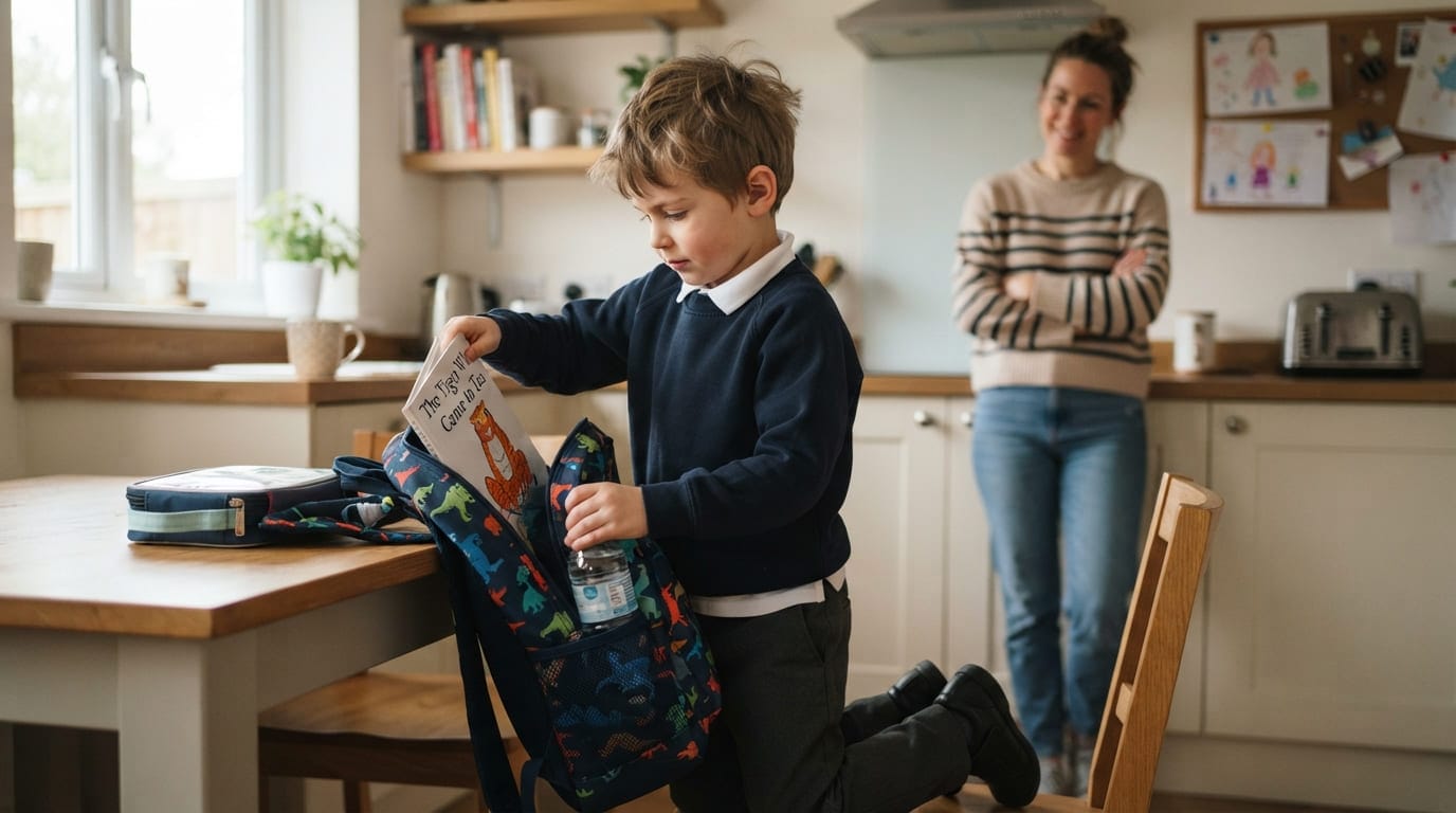 Child independently packing a school bag while a parent offers support