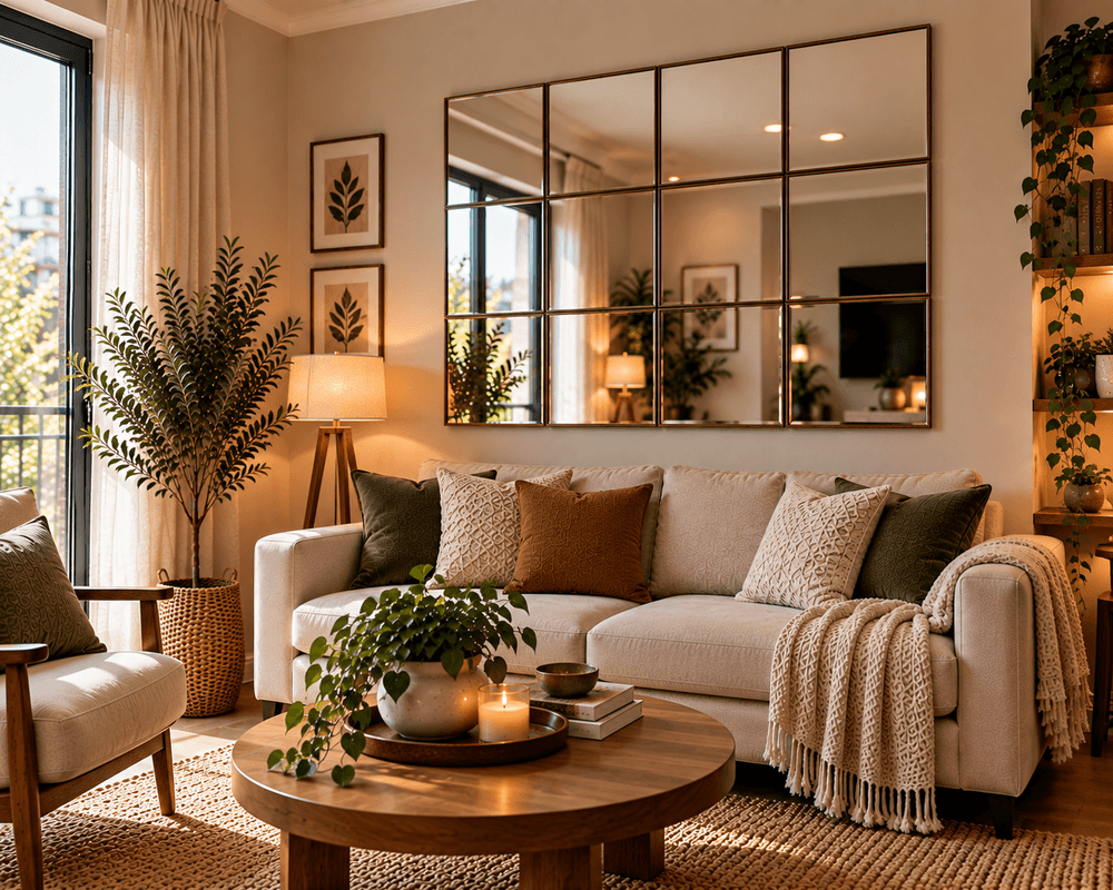 Living room wall decorated with a mix of mirrors and framed botanical artwork above a neutral sofa.