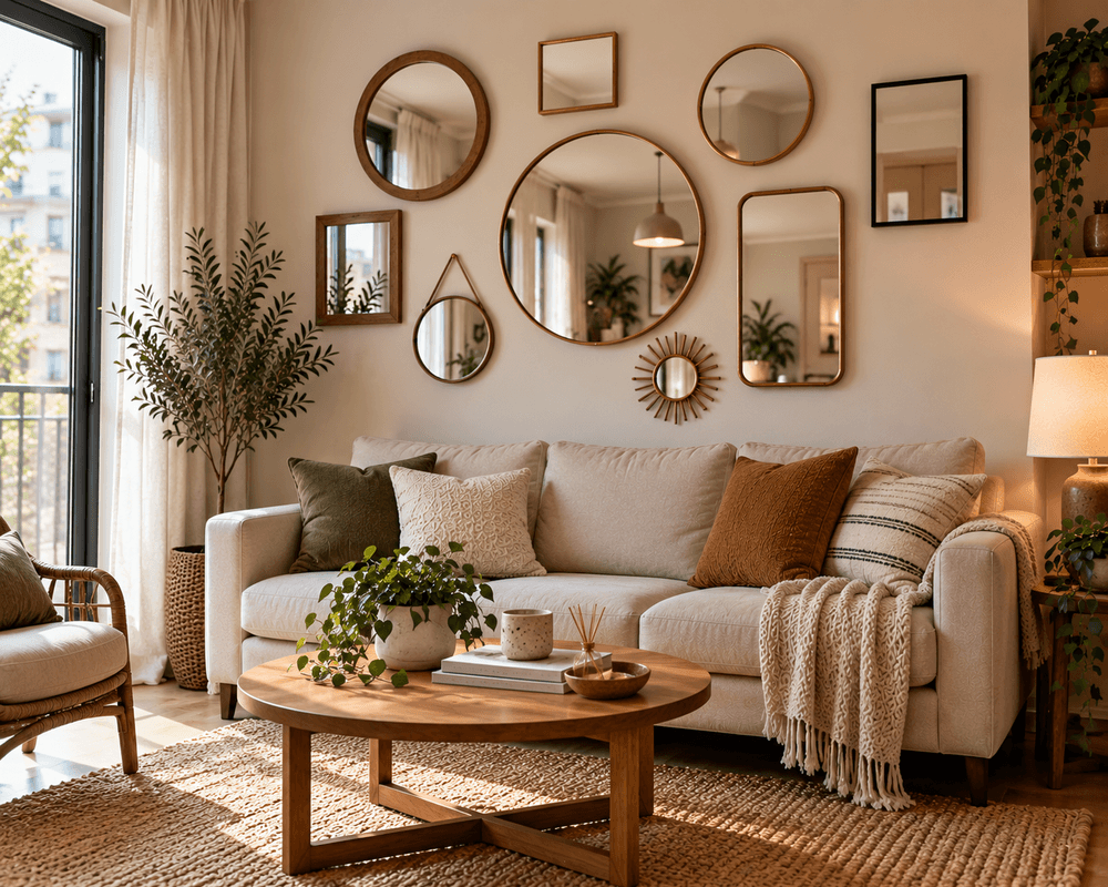 Small living room featuring a gallery wall of different shaped mirrors above a compact sofa with neutral decor.