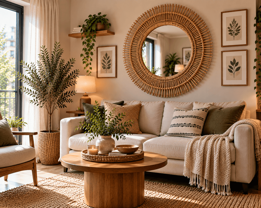 Natural rattan wall mirror above a beige sofa in a cozy small living room with plants and warm wood accents.