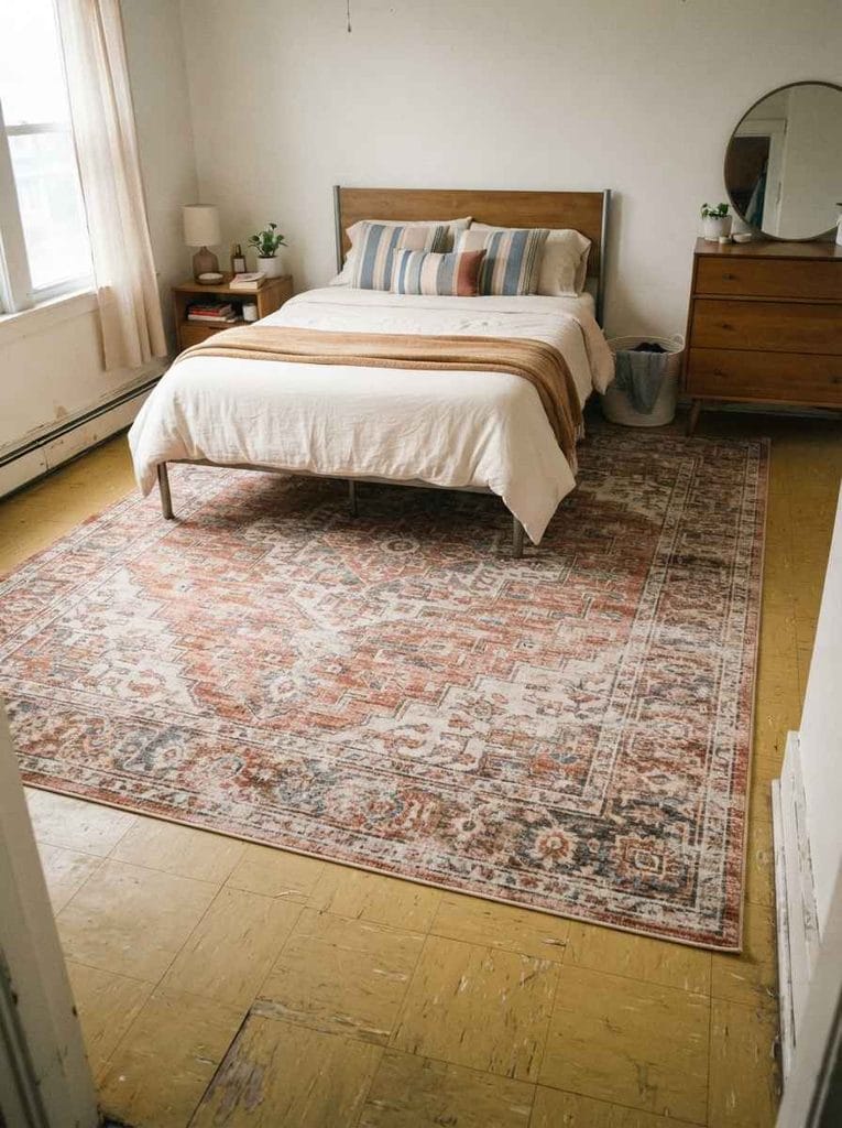Rental bedroom with a large area rug covering an unattractive floor beneath the bed