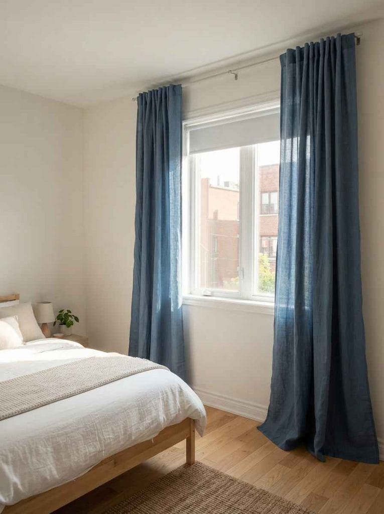 Rental bedroom with floor-length curtains transforming a plain apartment window