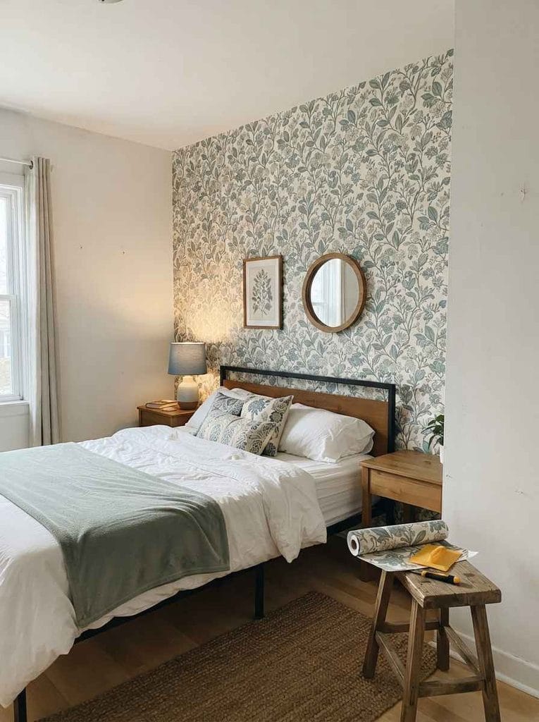 Rental bedroom with removable botanical wallpaper creating a renter-friendly accent wall