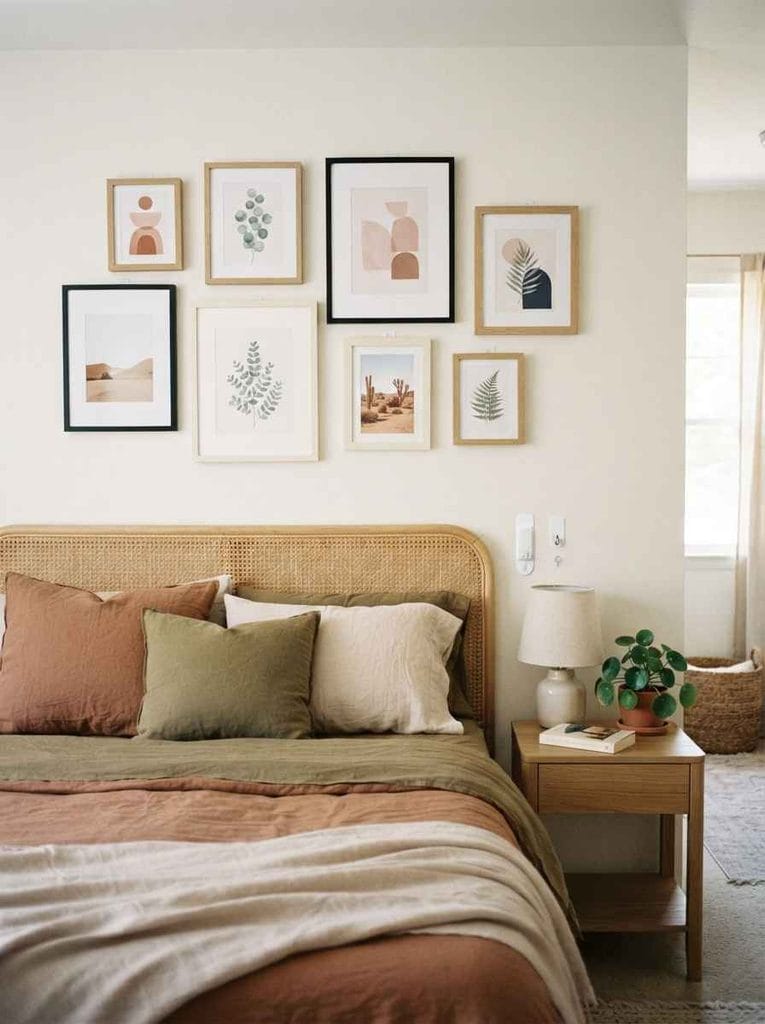 Rental bedroom with a gallery wall of lightweight framed artwork above the bed