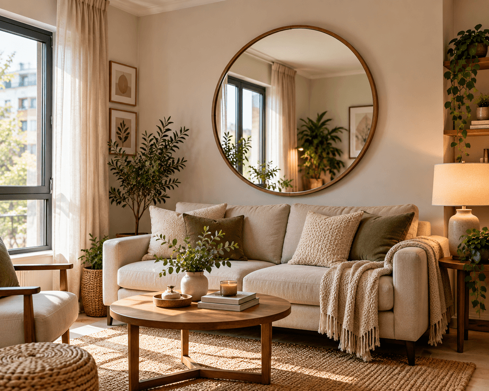 Large round mirror above a sofa in a small living room with neutral furniture, natural wood accents, and cozy decor.