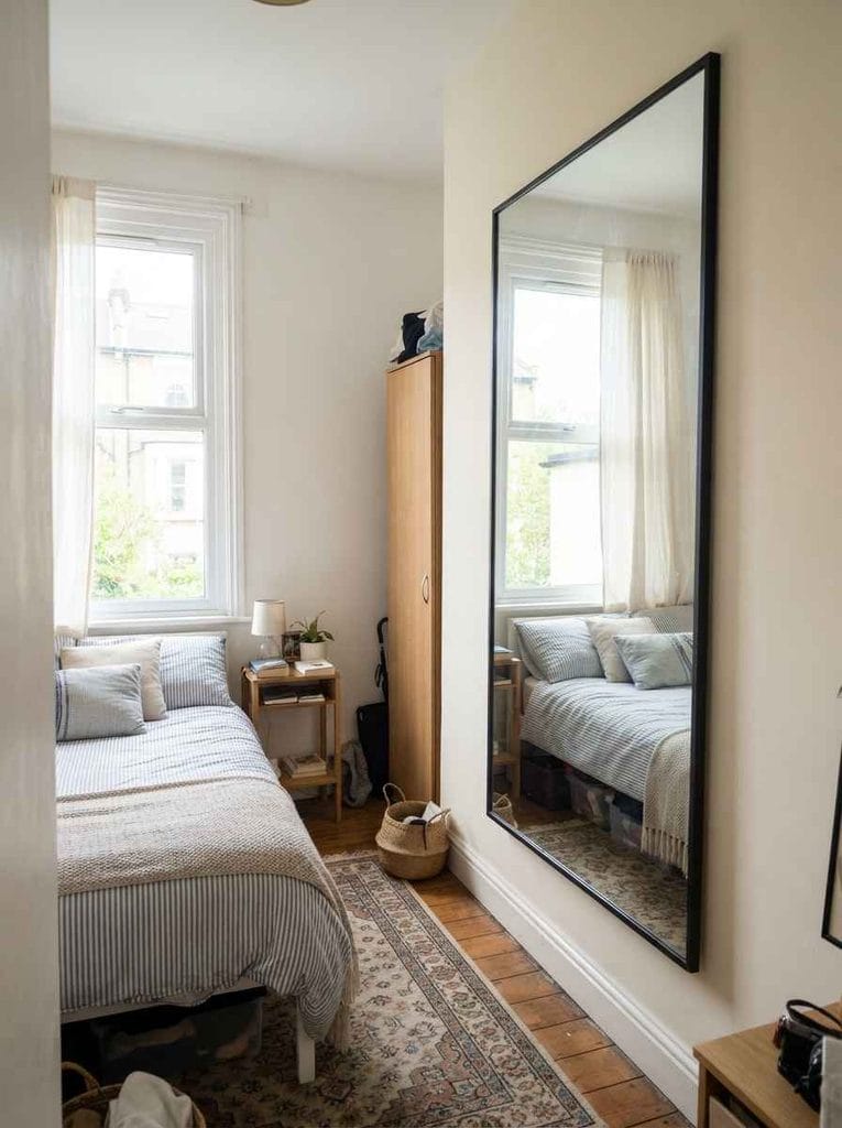 Small rental bedroom using a large mirror to reflect light and create a more spacious feel