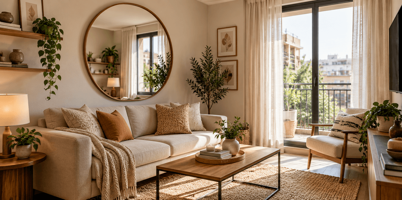 Small living room with a large round wall mirror above a neutral sofa, natural light, wood furniture, and cozy modern decor.