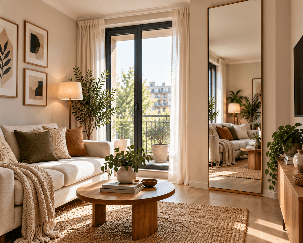 Tall floor-to-ceiling mirror in a small living room reflecting natural light and making the compact space feel larger.