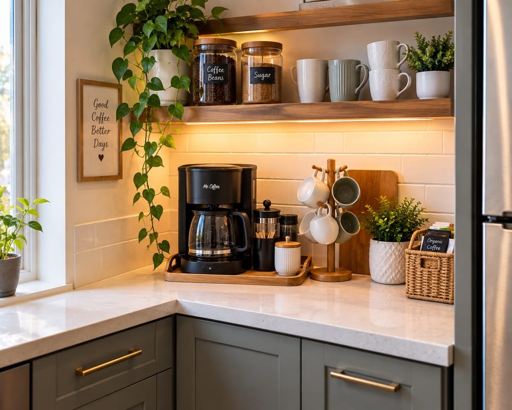 Small coffee corner under a floating shelf with a coffee maker, mugs, and coffee containers